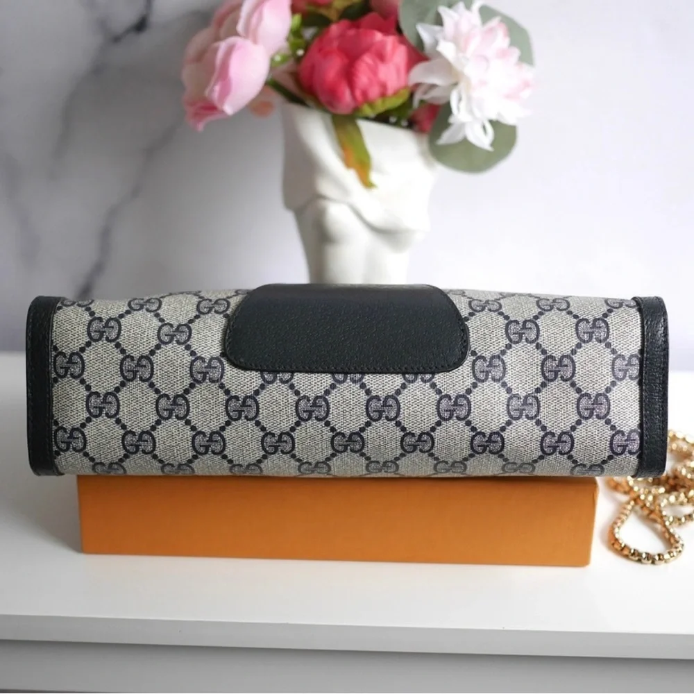 Gucci Beige Navy Monogram Canvas Leather Clutch